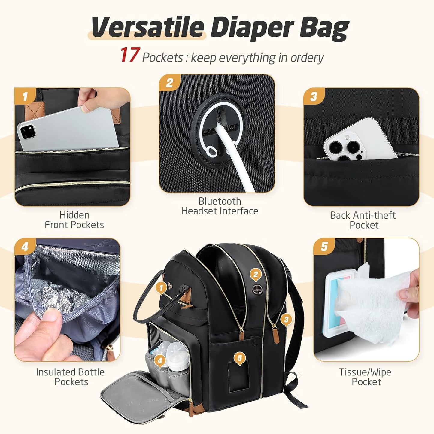Diaper Bag Backpack - Extra Large Diaper Bag for 2 Kids Twin, Travel Baby Bags for Mom Dad 25-37L Expandable with Changing Pad Earphone Hole, Solid Black