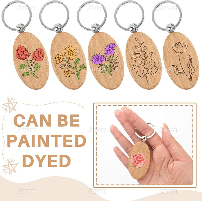 AUEAR, Blank Wooden Key Chain Wood Keychain Key Ring Key Tags Personalized EDC