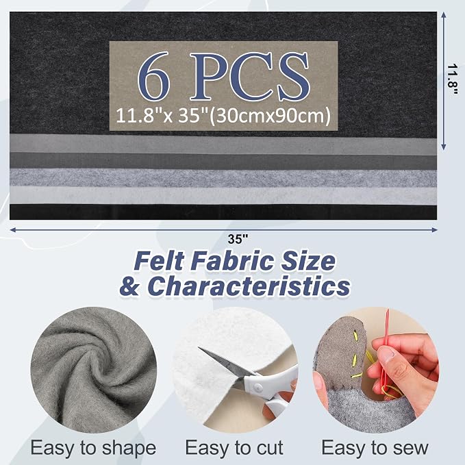 XSEINO 6 Rolls 12"x35" Large Felt Sheets, 1.4mm Thick Nonwoven Fabric