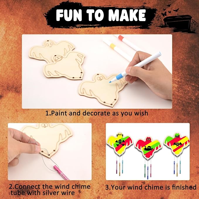Wooden Ghosts Wind Chime Ornaments Painting Craft, 6 Style Cutouts