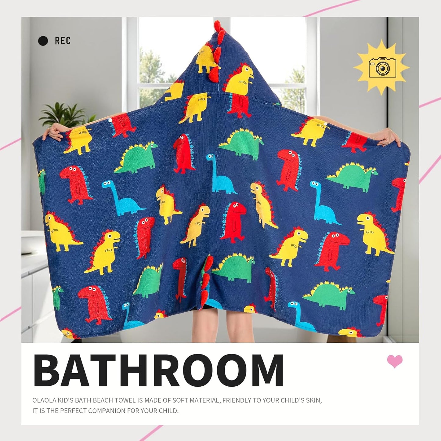 OLAOLA Colorful Dinosaur Hooded Towel for Kids 3-12 Years, 28" x 53" Soft Thick Absorbent Beach Towels, Toddler Bath Towel Wrap Swim Pool Towels Poncho for Boys Girls