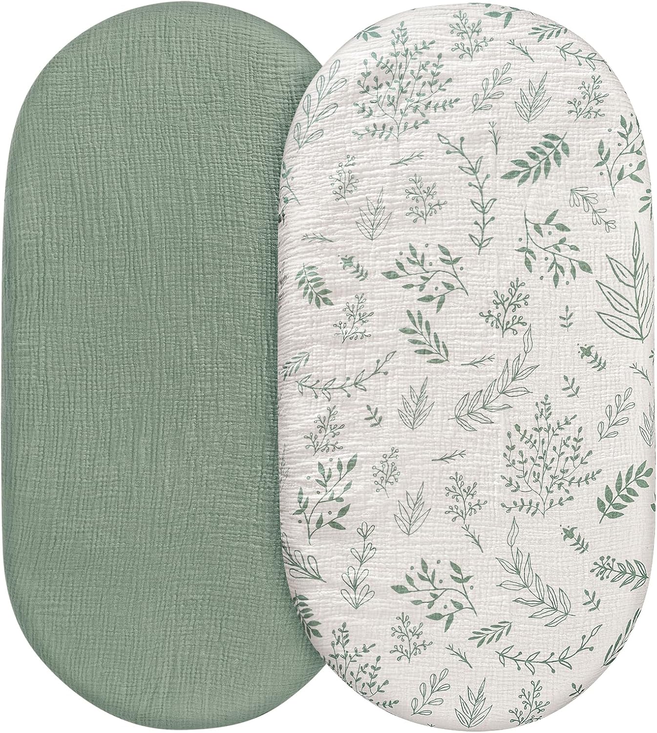 Muslin Bassinet Fitted Sheets, 2 Pack for Baby Boy and Girl, Soft Breathable Stretchy Baby Pad/Mattress Sheet Set, Universal Fit for Hourglass Oval and Rectangle Bassinet Mattress (Natural Leaves)