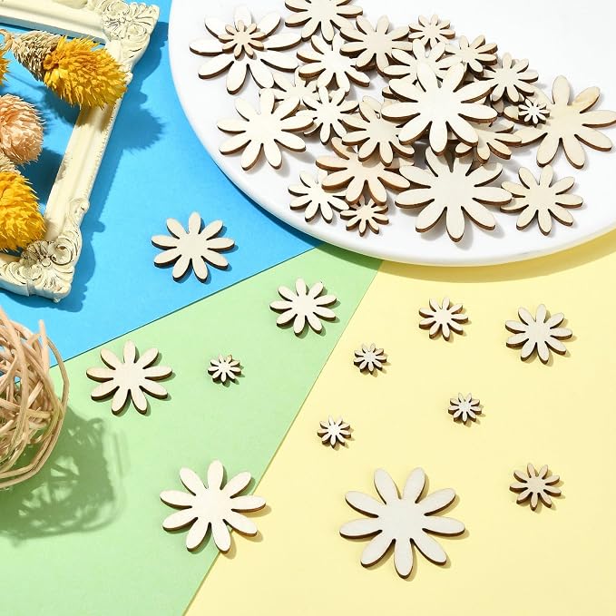 300 Pcs 6 Styles Wooden Flower Cutouts Unfinished Floral Wood Hanging Ornaments