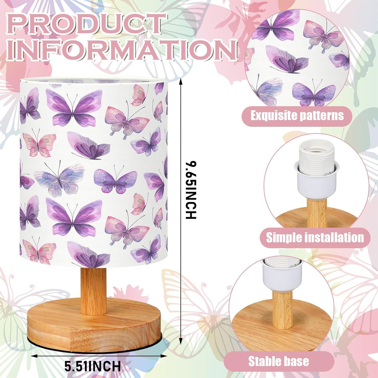 VIHOSE Butterfly Kids Table Lamp for Bedroom Kids Bedside Lamp with Linen Wooden Nightstand Cartoon Nursery Lampshade for Girls Boys Living Room