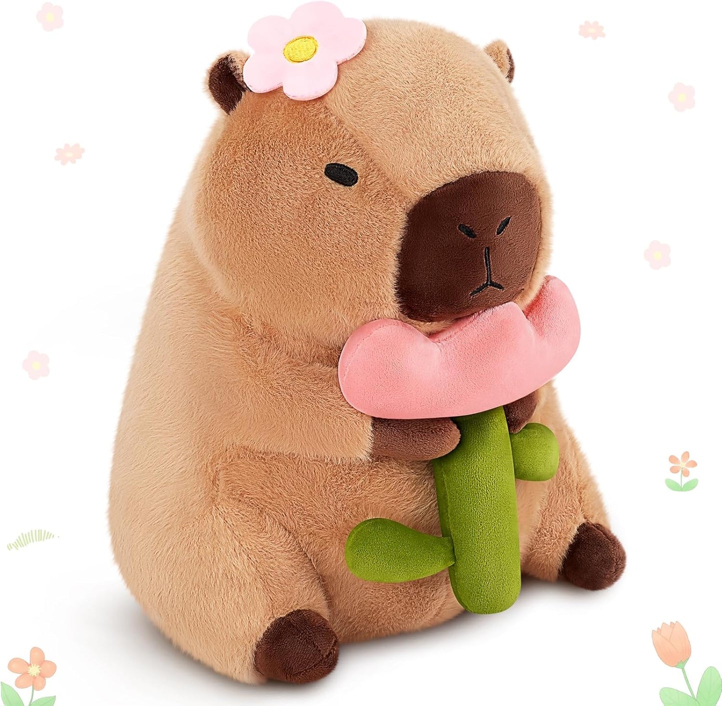 Achwishap Capybara Plush,Cute Plushies Capybara Stuffed Animals,Capybara Plush Toys,Kawaii Plushie Stuffed Toy with Flower Plushies Gift for Kids Adults Birthday(Capybara with Holding Flower,12”)