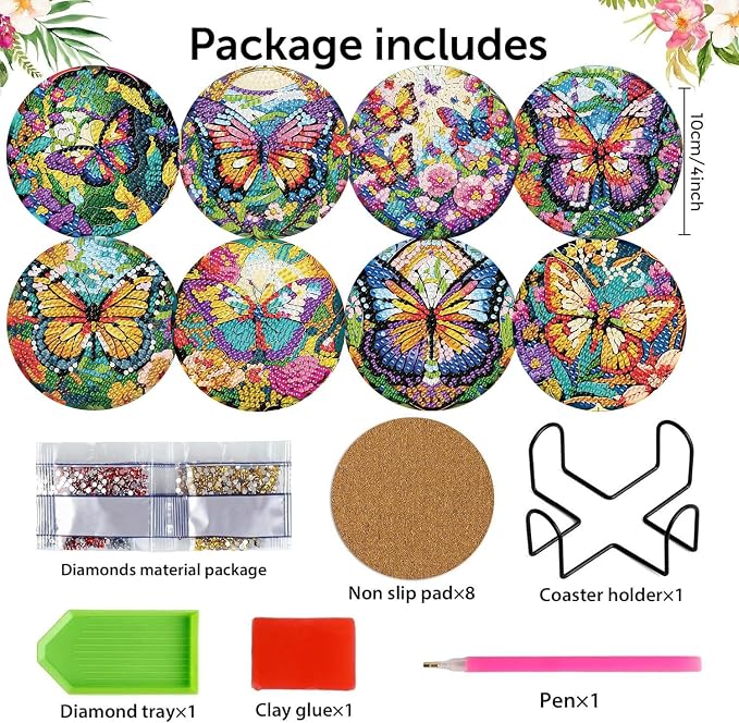 8 Pack Diamond Art Coasters, Butterfly Diamond Painting Coasters Kits |