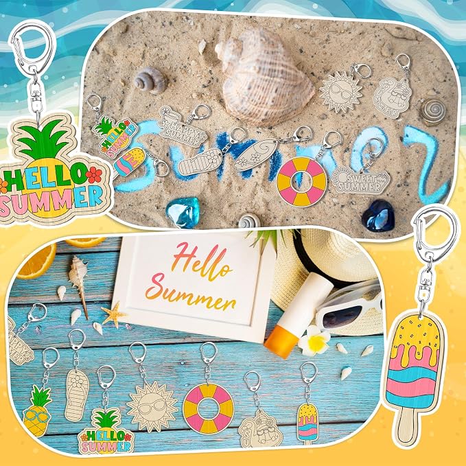 RattanView 24 Pcs Summer Party Craft Color Your Own Keychains Diy Craft Wooden