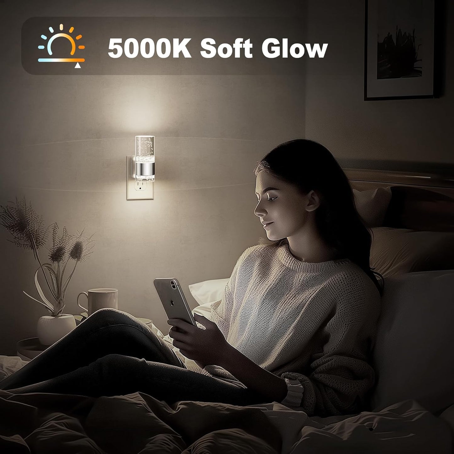 JandCase Night Light, Night Lights Plug into Wall,2 Pack LED Nightlight with Adjustable Brightness, 5000K，Automatic Night Light Plug in with Auto Light Sensor for Bathroom Hallway Room Decor