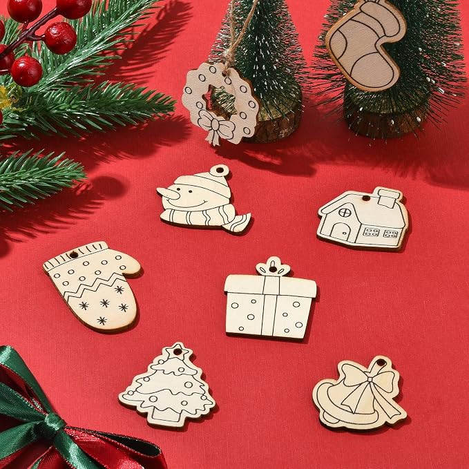 81 pcs 27 Styles Christmas Theme Unfinished Wooden Cutout Charms Snowman Winter