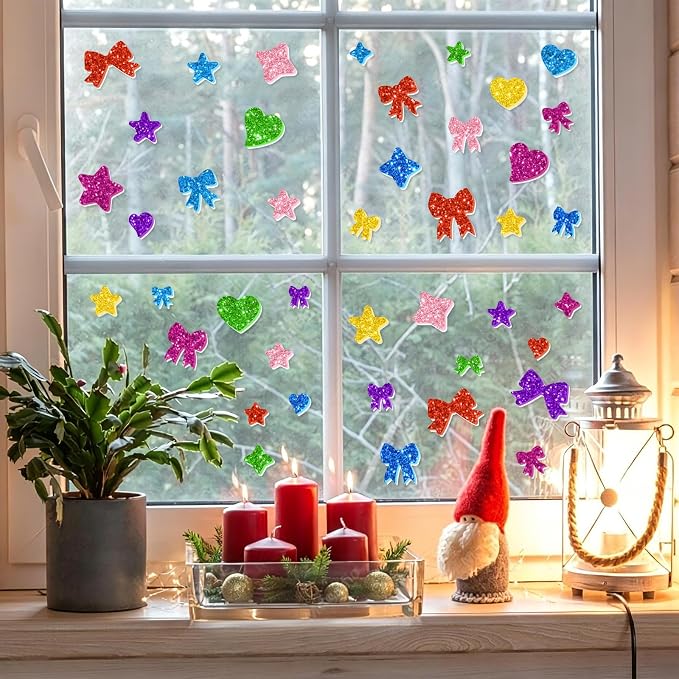 1000PCS Glitter Foam Stickers, Colorful Heart & Bow Stickers, Self-Adhesive