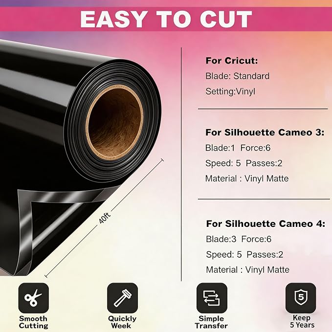 Black Permanent Vinyl for Cricut Cutting Machine, Waterproof, Durable Black