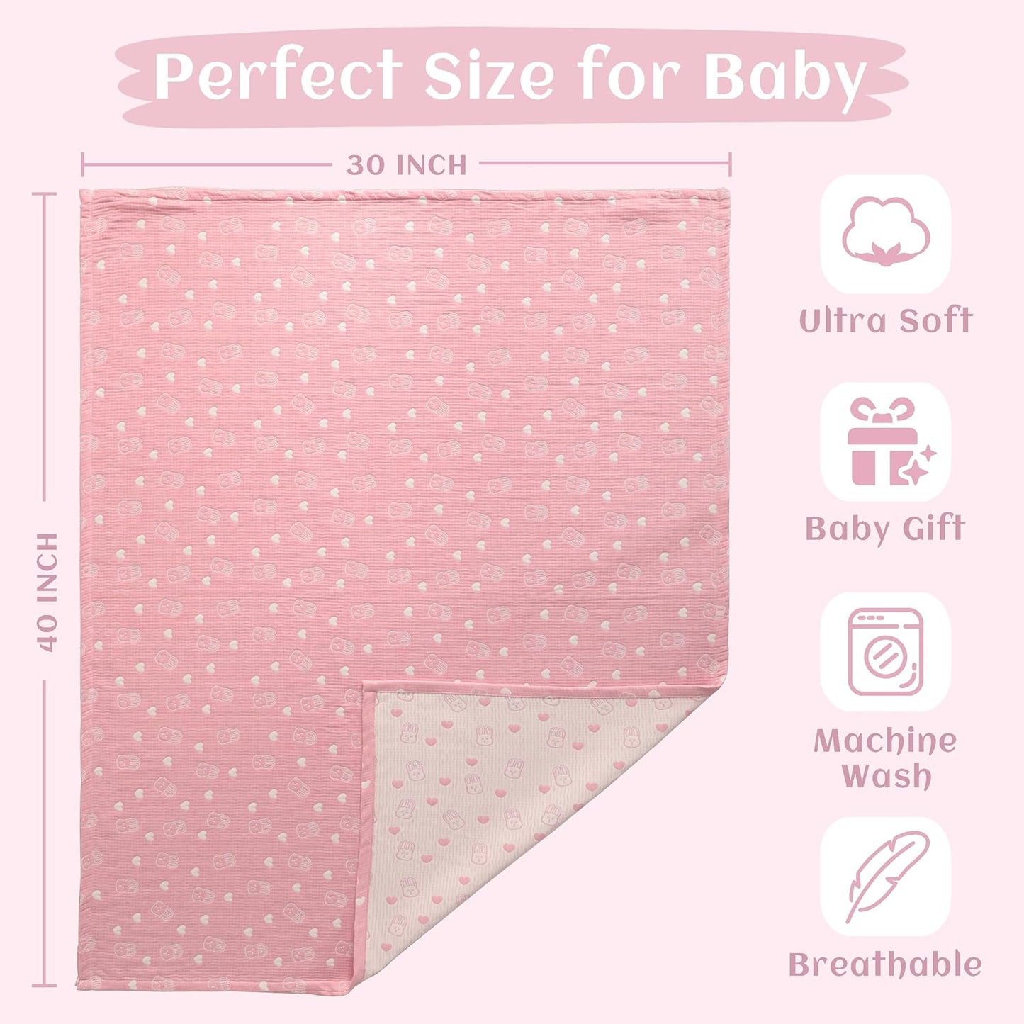 NTBAY 3 Layer Muslin Cotton Toddler Blanket, Jacquard Reversible Nursery Bed Blanket, Super Soft and Thermal for All Seasons, Decoration Gift, 30"x40", Pink Rabbit