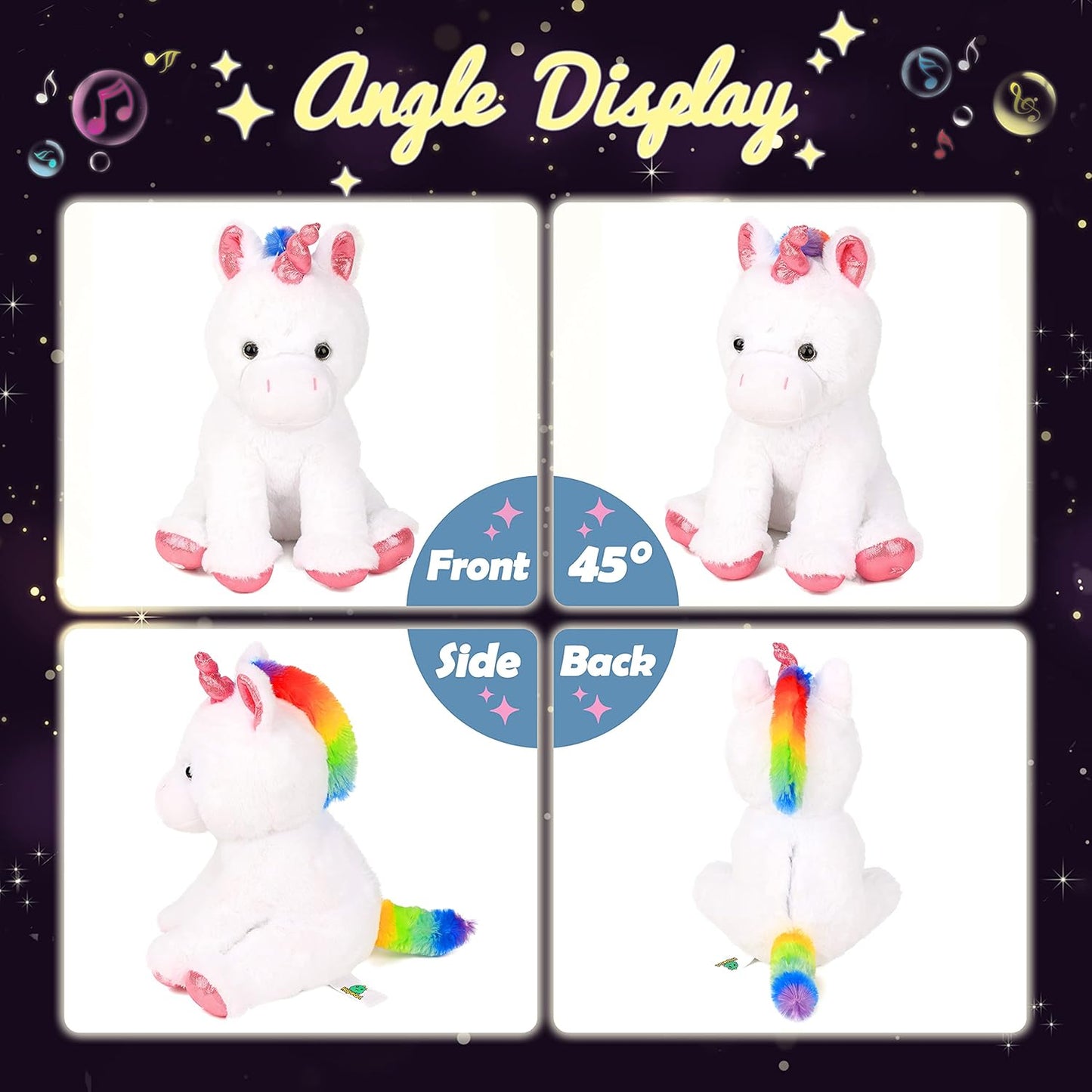 Hopearl LED Musical Stuffed Unicorn Light up Singing Plush Toy Adjustable Volume Lullaby Animated Soothe Birthday Festival for Kids Toddler Girls, White, 13''