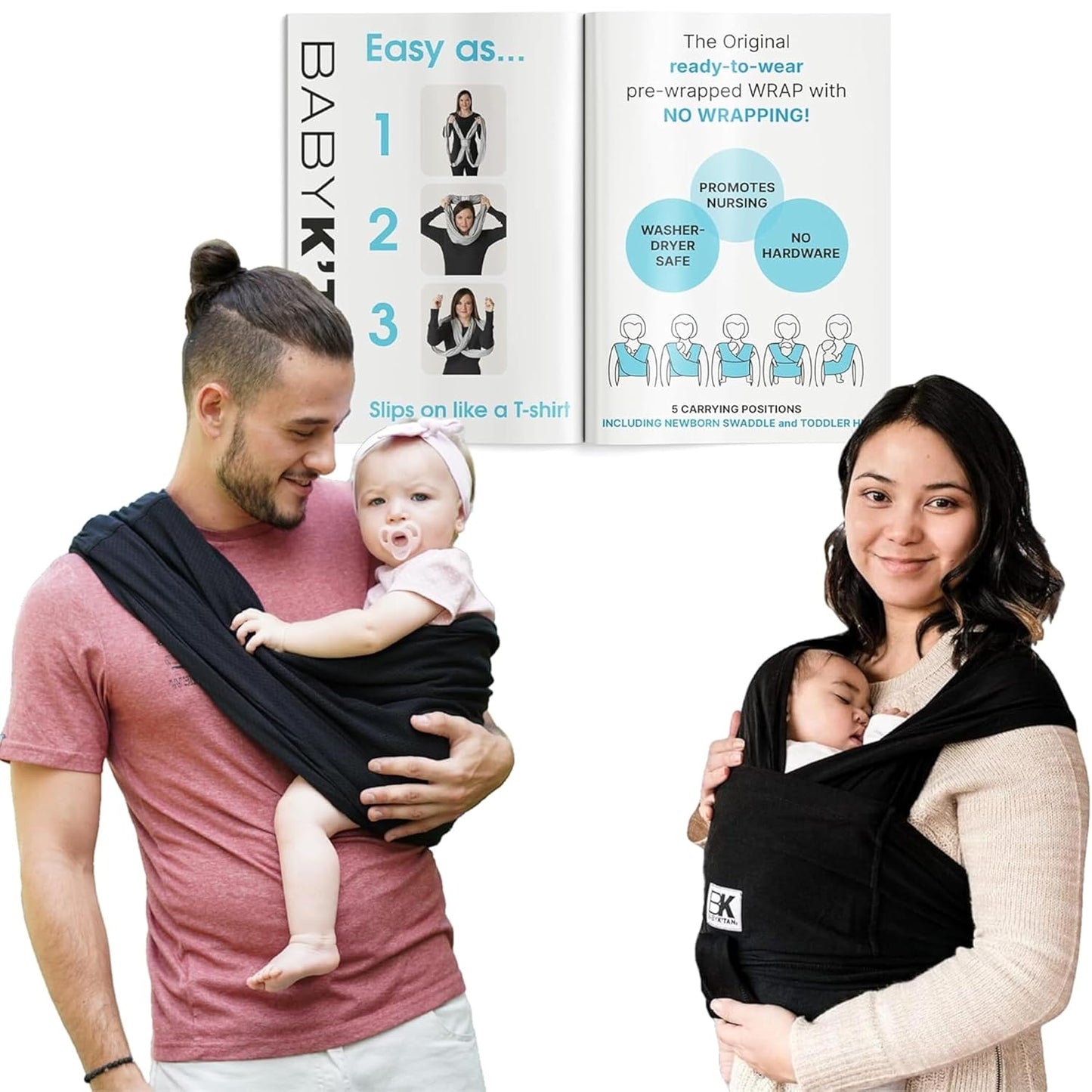 Original Baby K'tan Baby Carrier: #1 Easy Pre-Wrapped, Soft, Slip-On, No Rings, No Buckles | 5 in 1 Baby Sling Gift | The Best Hands Free Infant Wrap | Black | Small