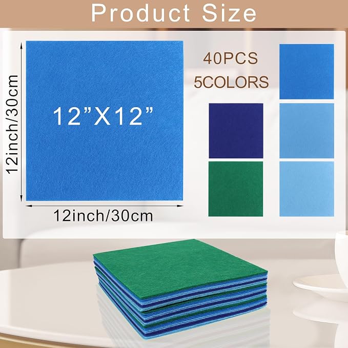 40 Pcs Stiff Felt Fabric Sheet for Crafts, 1mm Thick and 12”x12”Blue Series