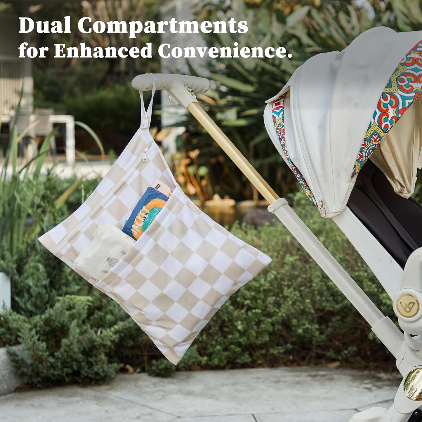 Beige Khaki Checkered Waterproof Wet Dy Diaper Bag for Baby Essentials, Travel, Swimsuit, Beach Bag Accessories, Aesthetic Trendy Cute Toddler Baby Cloth Bag Pouch, Pack of 2