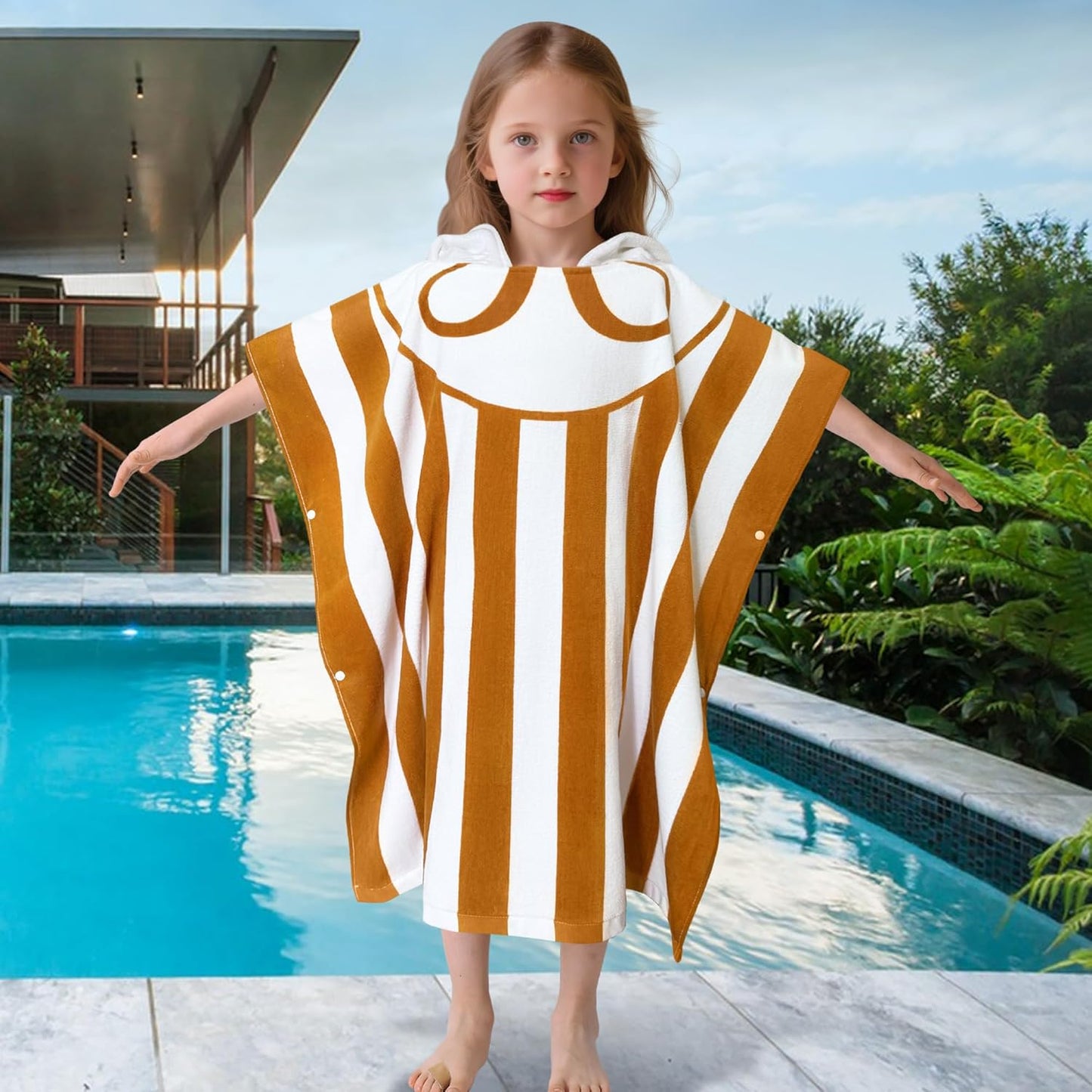 VOOVA & MOVAS Hooded Poncho Towel for Kids (4-8 Years,30"X30") | Soft Absorbent Cotton Towel Robe for Boys & Girls | Versatile Beach, Pool, Swim & Bath Cover-Up | Brown Stripe