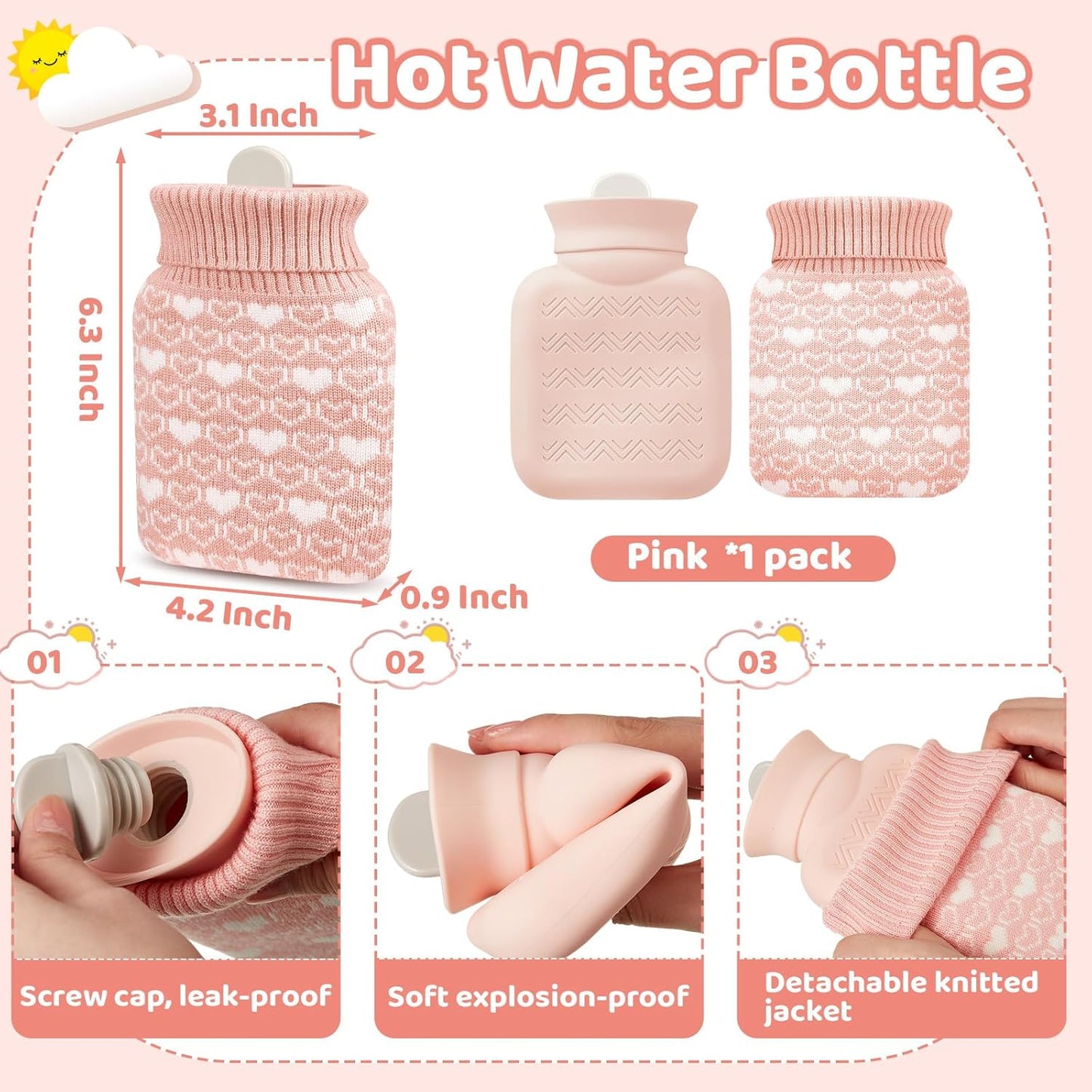 Amylove Mini Hot Water Bottle 320ml for Hot & Cold Compress with Cover Silicone Microwave Heating Small Water Bag for Travel Pain Relief Holiday Gifts(Pink)