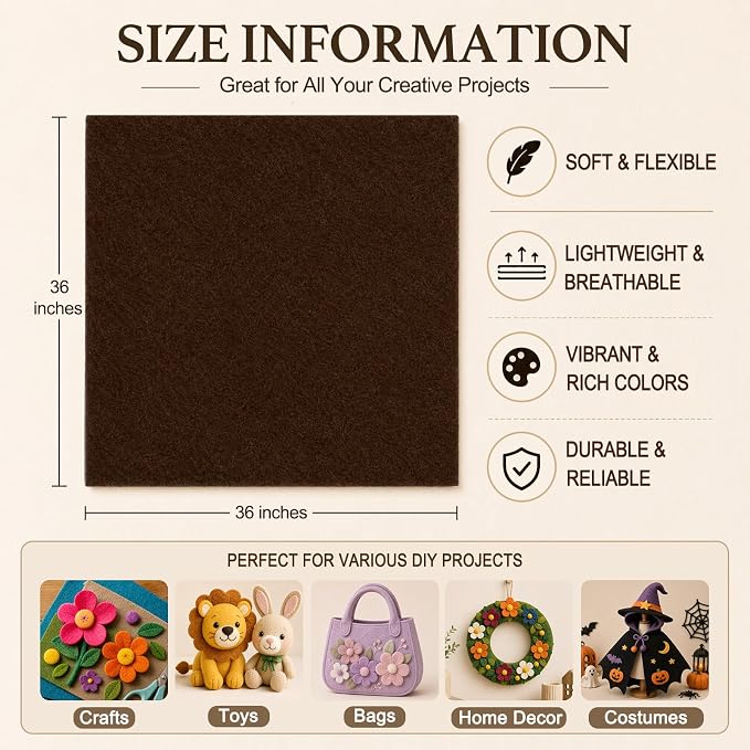 Chocolate Brown Large Felt Fabric 36" x 36", 1.4 mm Soft Felt Sheet, Nonwoven