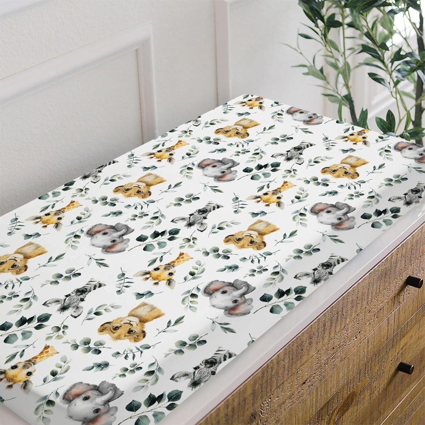 HawSkgFub African Safari Jungle Animals Eucalyptus Leaf Changing Pad Cover Baby Girls Boys, Giraffe Elephant Lion Zebra Diaper Change Table Sheet, Stretchy Safe Snug Fitted Changing Mat 32"/34" x 16"