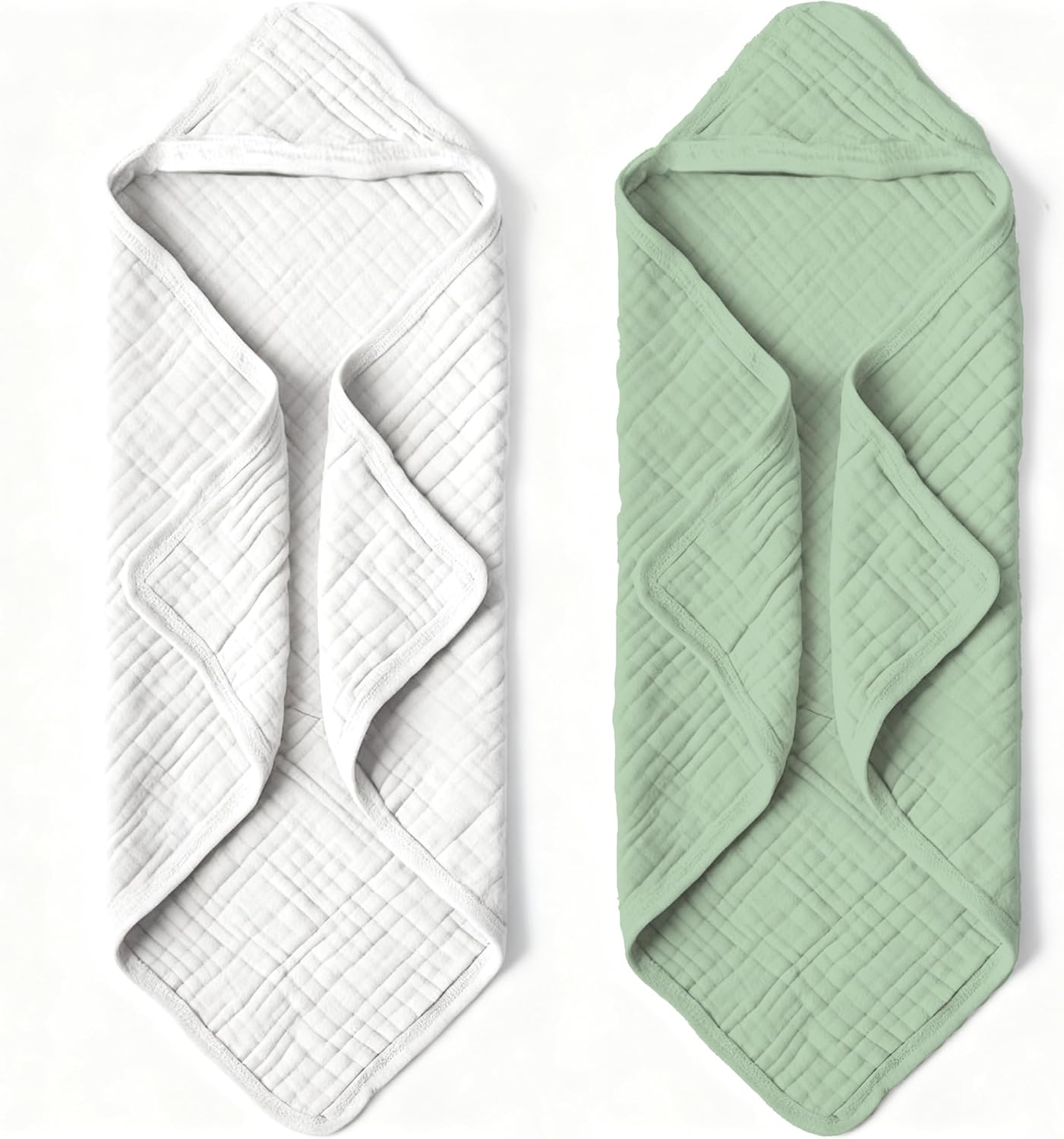 Organic Muslin Hooded Baby Bath Towels - 2 Pack 100% Organic Cotton Towel for Babies, Infants, Toddlers - 32x32Inch - Highly Absorbent and Newborn Essential(Grey Green)