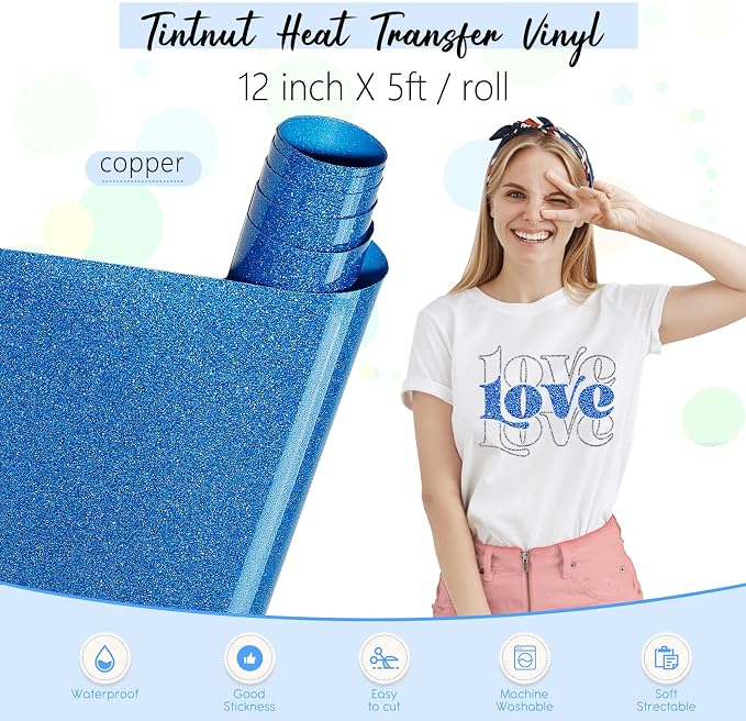 Tintnut Blue Glitter Heat Transfer Vinyl Roll, easy cut & weed, stretch washable