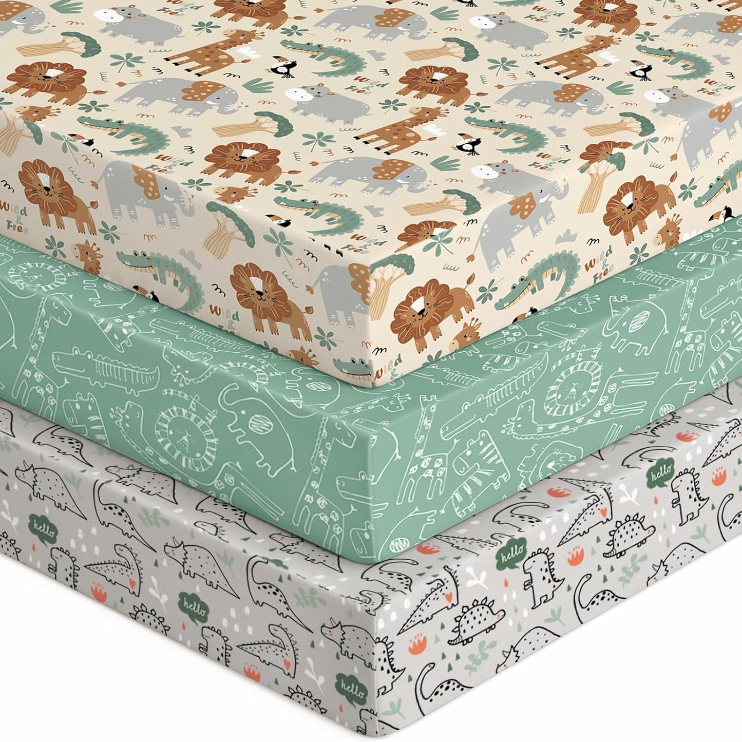 Baby Crib Sheets for Boys Girls, 28x52x8in Fitted Crib Sheet Neutral 3 Pack for Standard Crib and Toddler Mattress, Breathable Soft Microfiber Baby Sheet Green & Apricot Lion