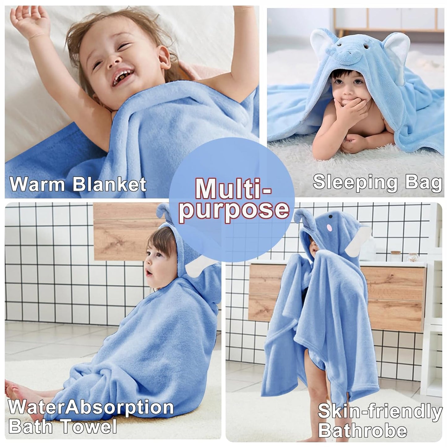 ROMASA Baby Bath Towel with Hooded Ultra Soft and Absorbent Toddlers Bathrobe Newborn Blanket Shower Gifts (Blue Elephant)