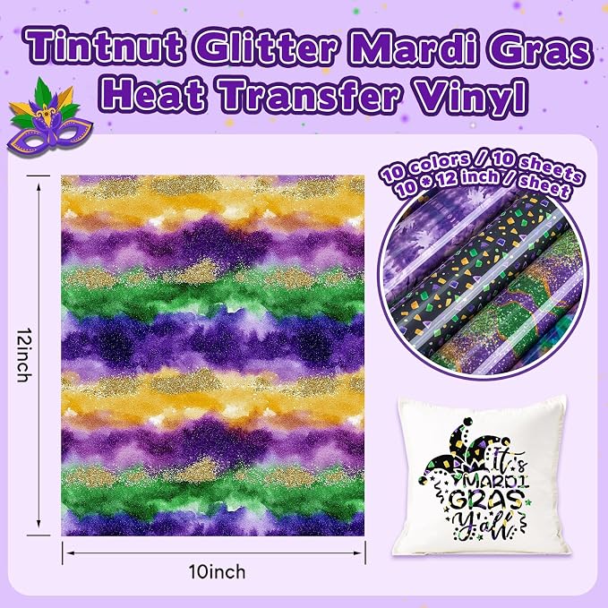 Tintnut Mardi Gras Sparkle HTV Vinyl, easy cut & weed, stretch washable