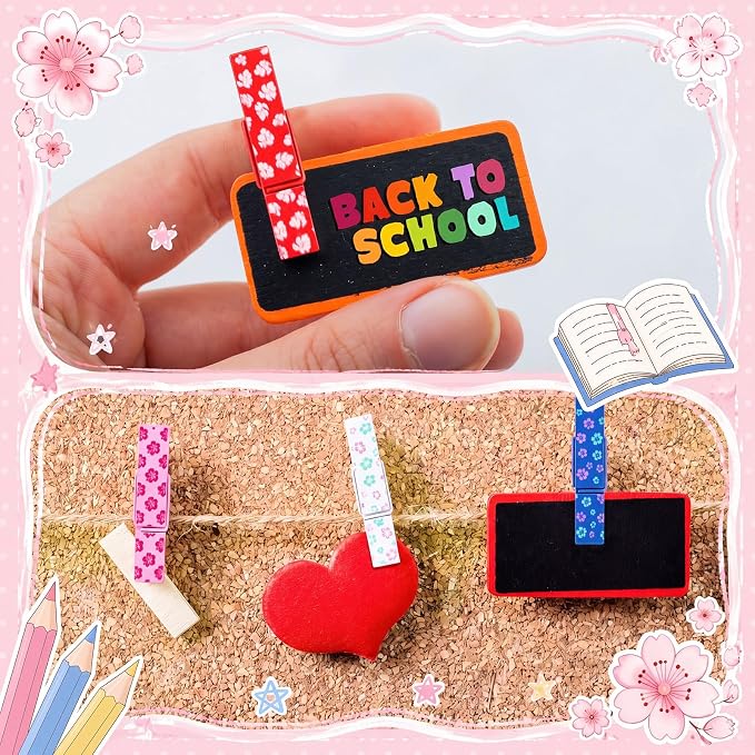 LemonRoad 60 Pcs Push Pin with Wooden Clips Teacher Cork Board Artworks