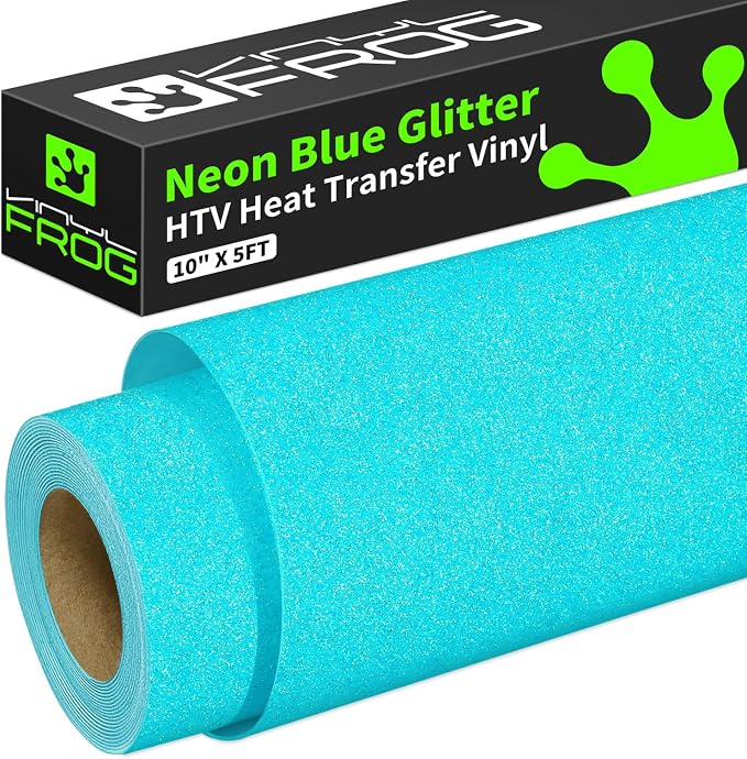 VINYL FROG Neon Blue Glitter Heat Transfer Vinyl Roll 10" x5ft Bright Blue HTV