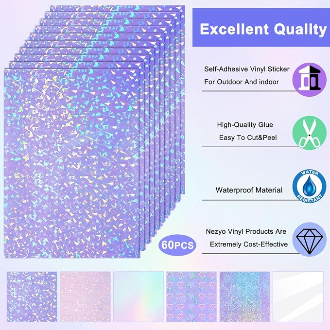 Nezyo 60 Sheet Holographic Laminate Sheet Clear Glitter A4 Size Vinyl Sticker