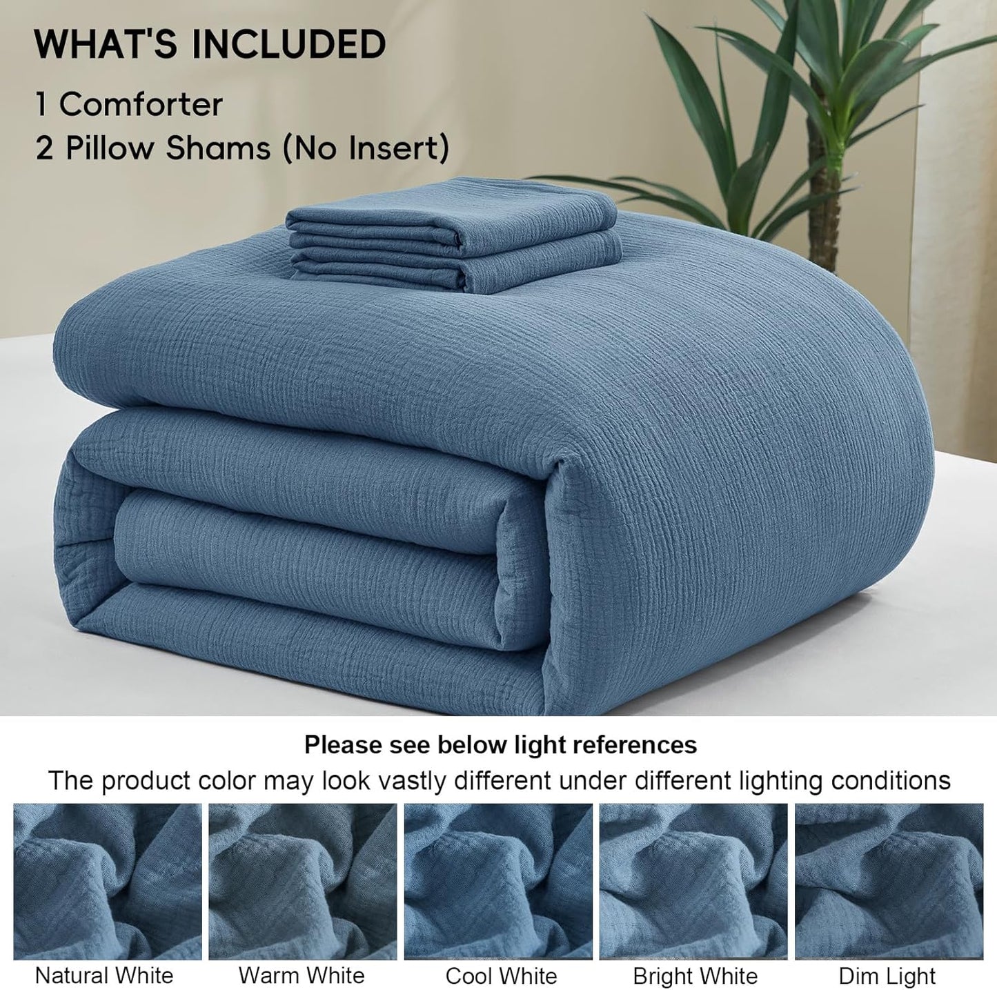 PHF Cotton Muslin Comforter Set Queen Size – Ultra Soft, Breathable & Lightweight Bedding Set for All Seasons, 3 Pieces - 1 Comfy Comforter 90"x90", 2 Pillow Shams 20"x26", Captain's Blue