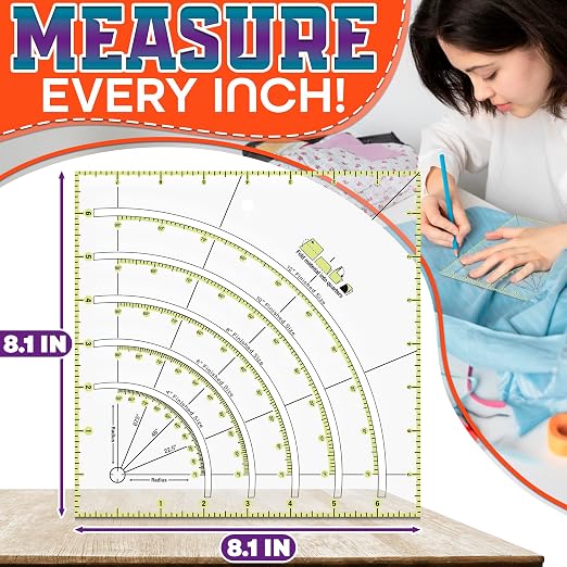 8.1 x 8.1 Inch Precision Slotted Quilting Ruler – 1/8" Grid Lines Transparent