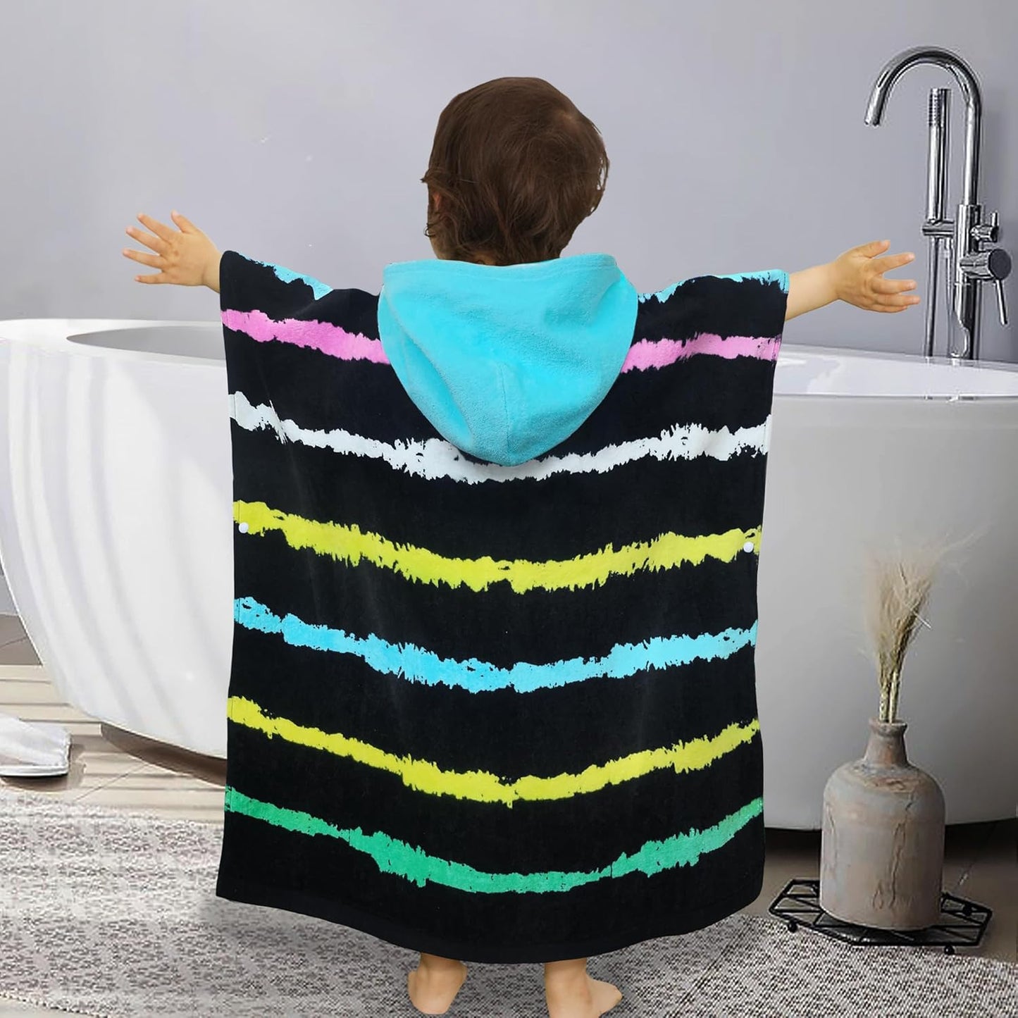 VOOVA & MOVAS Hooded Bath Towels for Toddler (2-6Years), Absorbent Soft Cotton Hooded Poncho Towel for Kids,Perfect for Child Swim | Camping | Surf | Shower | Birthday Gifts,Black Stripe