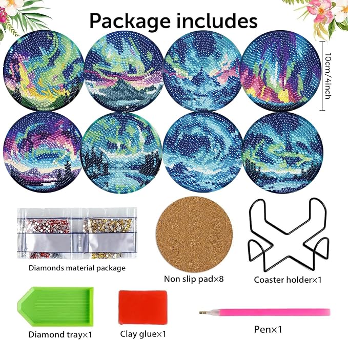 8 Pack Diamond Art Coasters, Northern Lights Diamond Painting Coasters Kits |