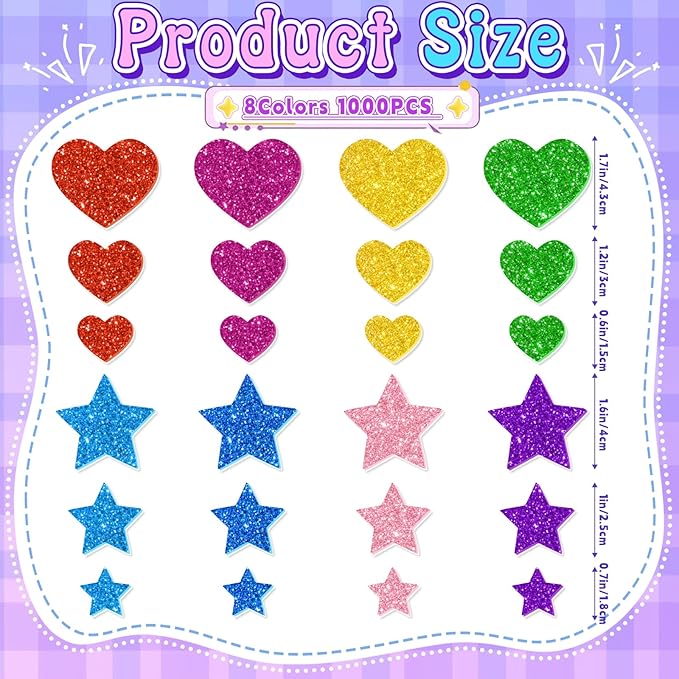 1000PCS Glitter Foam Stickers, Colorful Heart & Star Stickers, Self-Adhesive