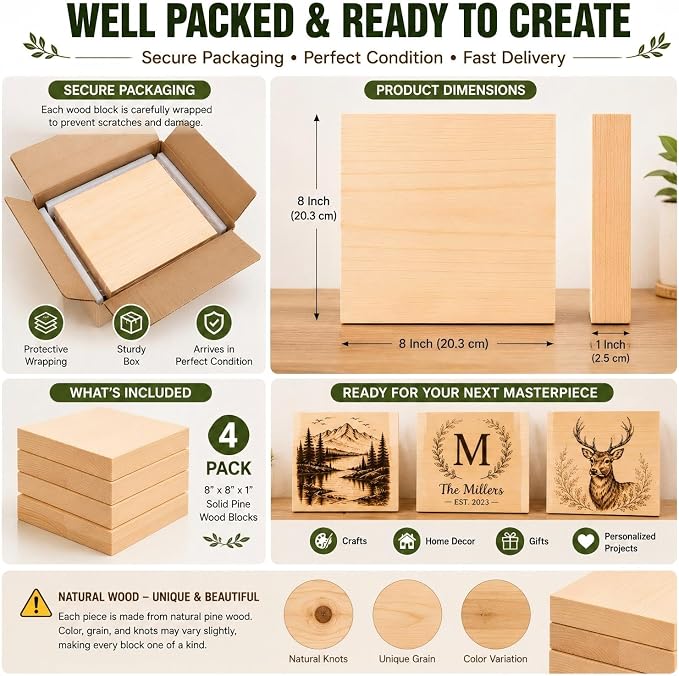 4 PCS Solid Pine Wood Blocks, Laser Engraving, DIY Signs, Home Decor and Craft