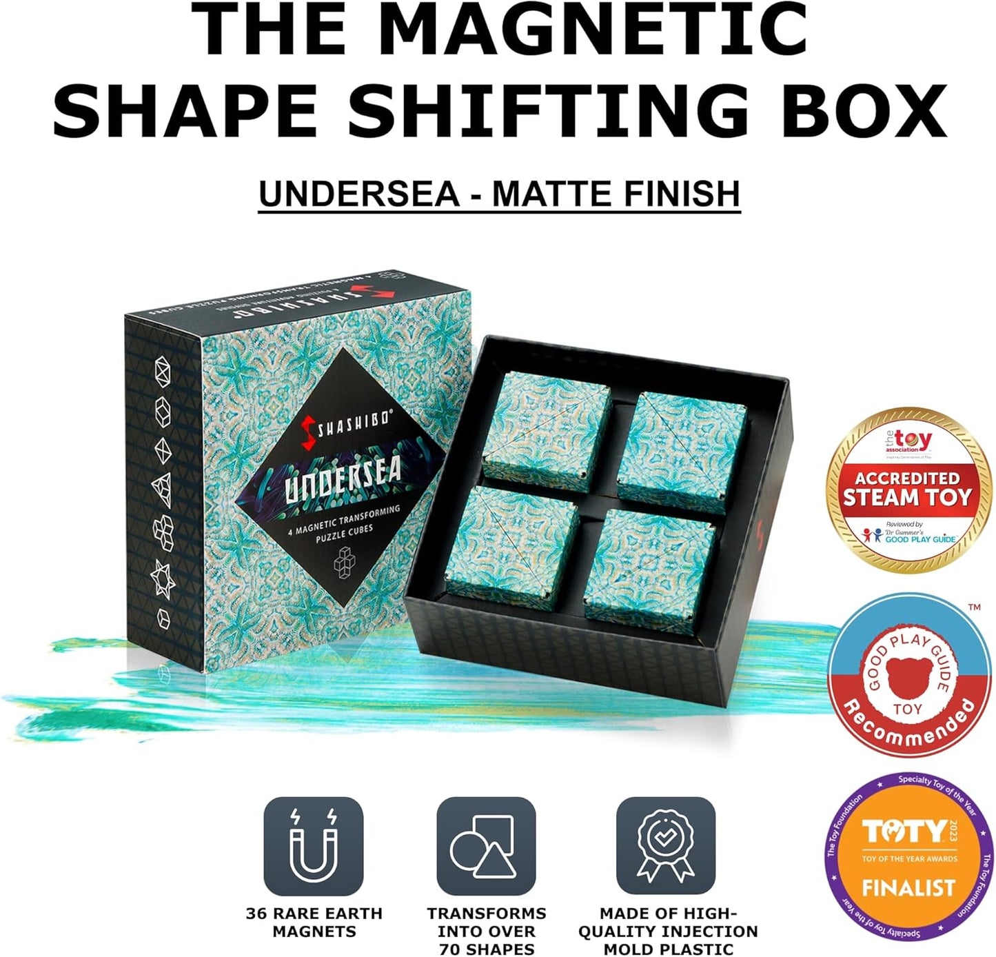 SHASHIBO Shape Shifting Box - Award-Winning, Patented Fidget Cube w/ 36 Rare Earth Magnets - Transforms Into Over 70 Shapes, Gift Box, Download Fun in Motion Toys Mobile App (Undersea, 4 Pack)