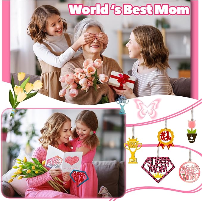 Mom Gift 40Pcs 5 Style Unfinished Wooden Mother's Day Ornaments DIY Craft