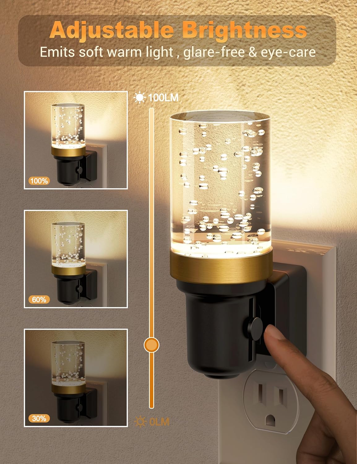 JandCase Night Light, Dimmable Night Lights Plug into Wall, Auto On/Off Light Sensor Nightlight, 3000K Warm White 0-100LM Brightness LED Nightlight, Bathroom Night Light Hallway Bedroom Decoration