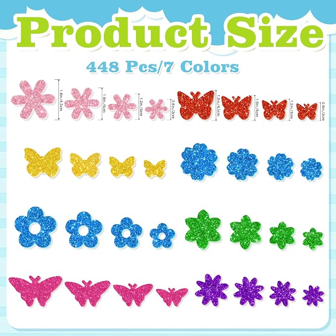 448 Pcs Glitter Foam Stickers, Butterfly & Flower Shapes Stickers, 7 Sheets