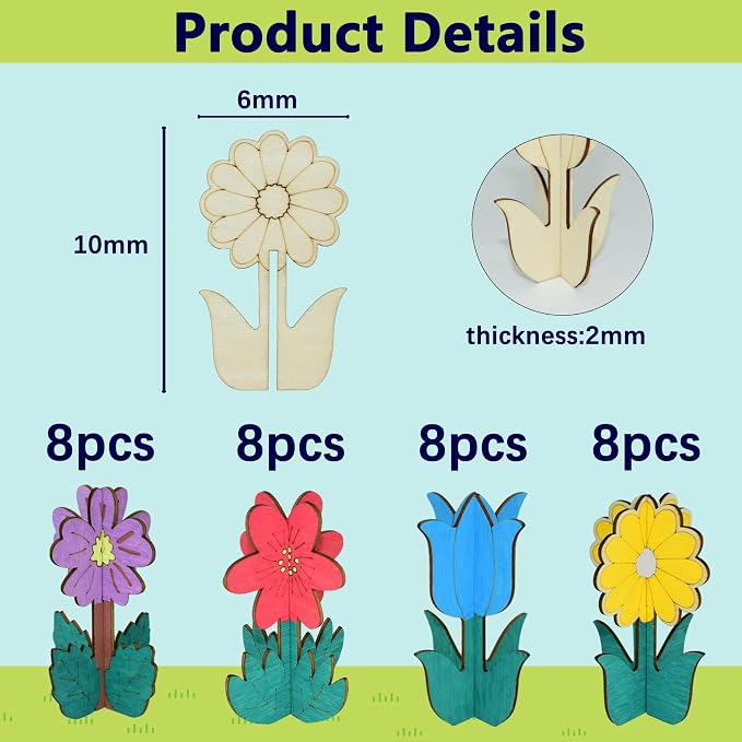 Wooden Flowers for Crafts, DIY 3D Wood Crafts Paintable Flower Craft Ornaments: