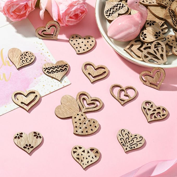 200 pcs Mixed Styles Hollow Heart Theme Unfinished Wood Cutout Charms Cute Love