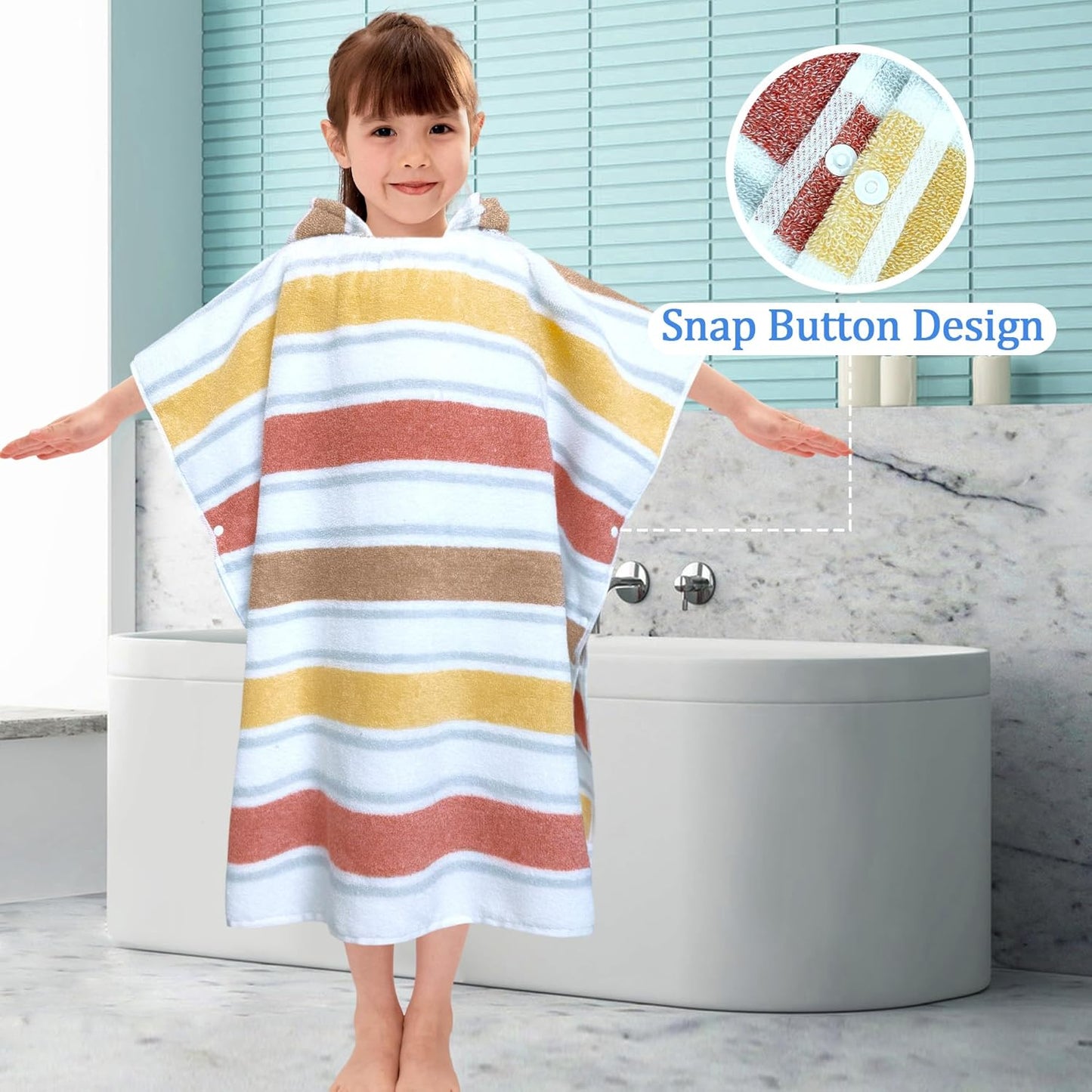 VOOVA & MOVAS Kids Hooded Poncho Towels (4-8Years,27.5"x27.5"),100% Cotton Soft Absorbent Towel for Boys,Perfect for Bathroom | Pool | Beach | Swimming, Jacquard Stripe