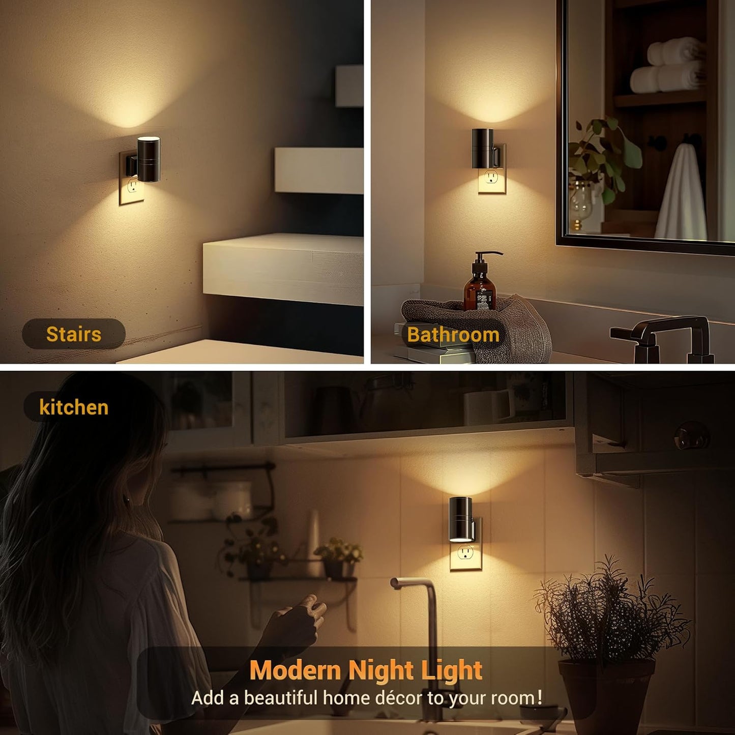 JandCase Night Light, LED Night Lights Plug into Wall, 2 Pack Automatic Nightlight with Light Sensor, 3000K Soft White 0-100LM Dimmable Modern Nightlight for Kids Bedroom Hallway