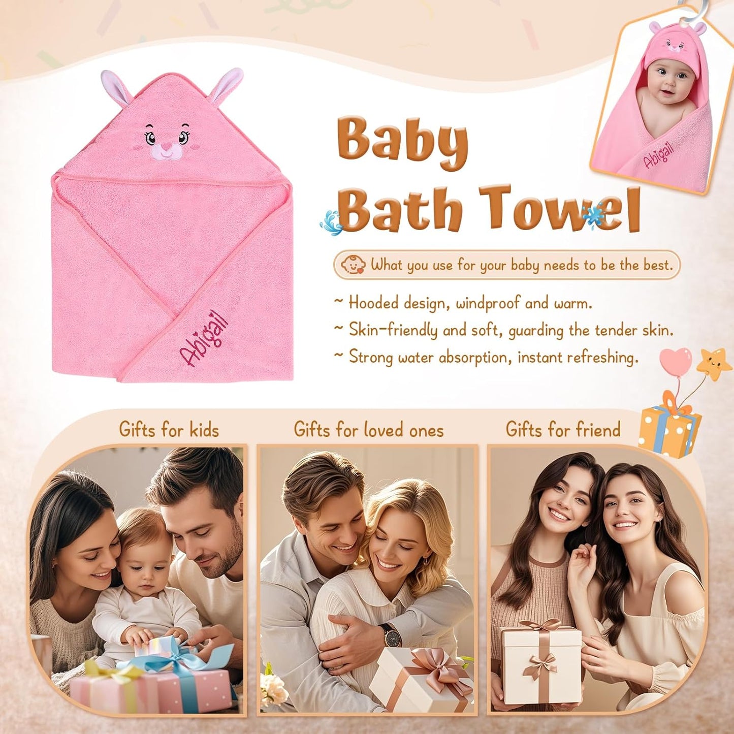 Personalized Baby Towels for Newborn Custom Embroidery Name Hooded Baby Bath Towels for Boy Girl Newborn Essentials Must Haves Shower Gift Soft Coral Velvet 30"x30" (Pink)