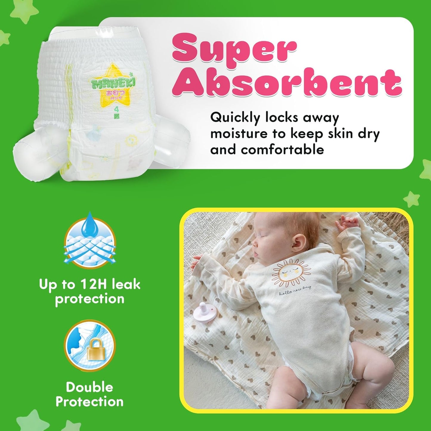 MANEKI Size 4 Diaper Pants, Overnites Size 4 (20-31 lbs), 44 Count, Pull-Ups Style, Sensitive Skin, Super Absorbent