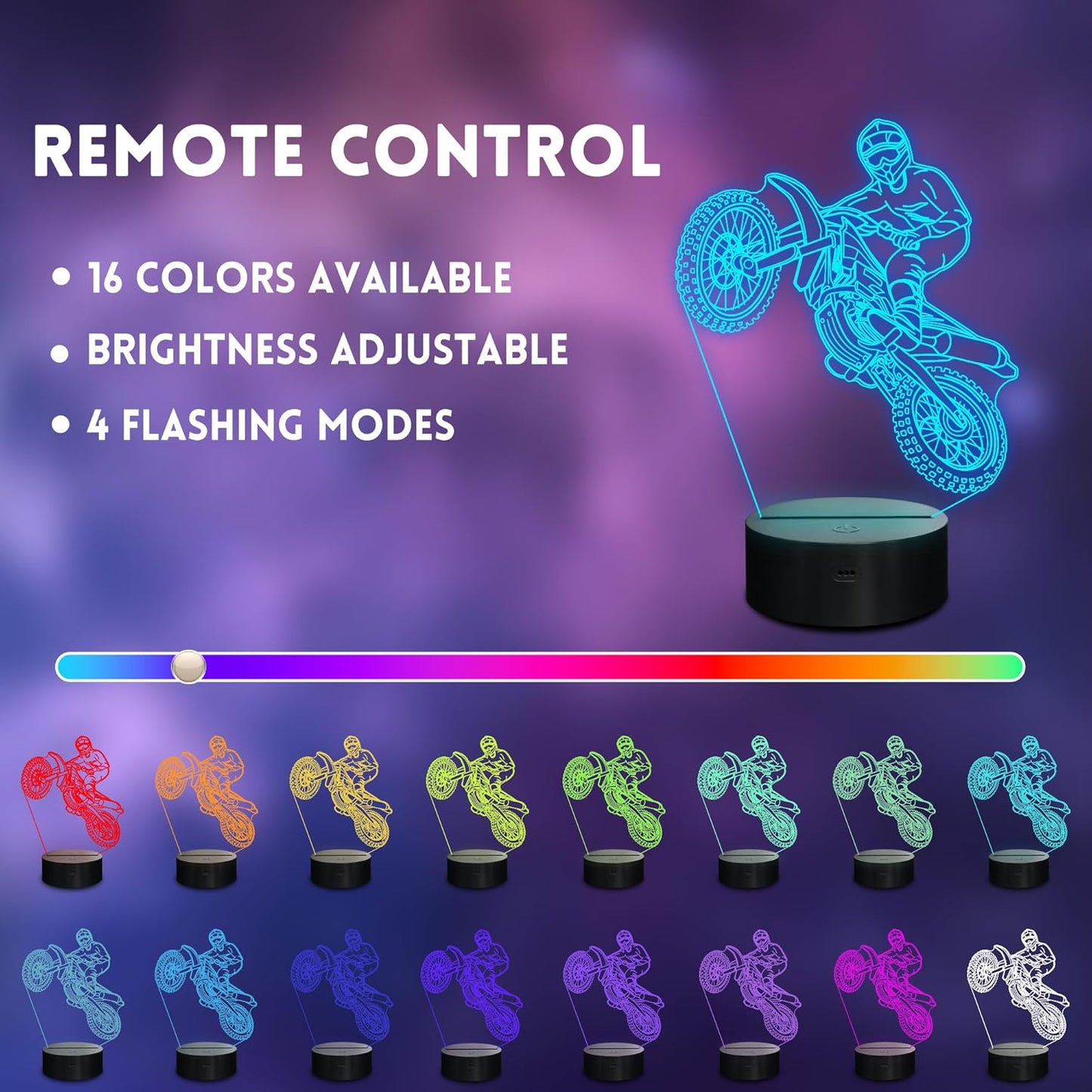 Dirt Bike 3D Night Light, LED Illusion Optical Lamp With16 Colors Changes & Remote Control & Timer, Motorcycle Room Decor, Birthday Christmas Gifts for Boys Girls Kids Men