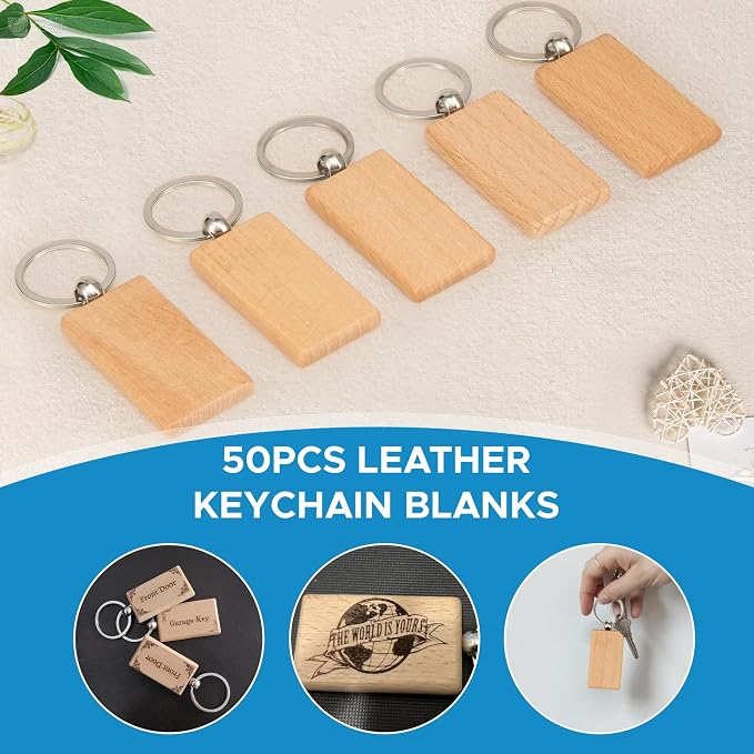 OMTech Wooden Keychain Blanks, Wood Key Chain Bulk, Unfinished Wooden Key Rings